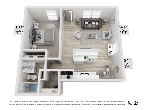 A floor plan of an apartment with a living room, kitchen, and bathroom.
